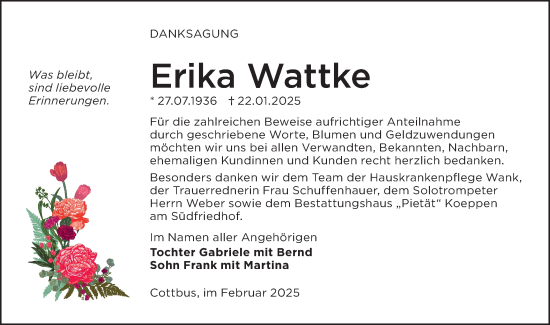 Traueranzeige von Erika Wattke von Lausitzer Rundschau