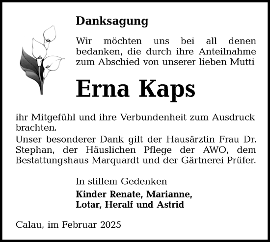 Traueranzeige von Erna Kaps von Lausitzer Rundschau