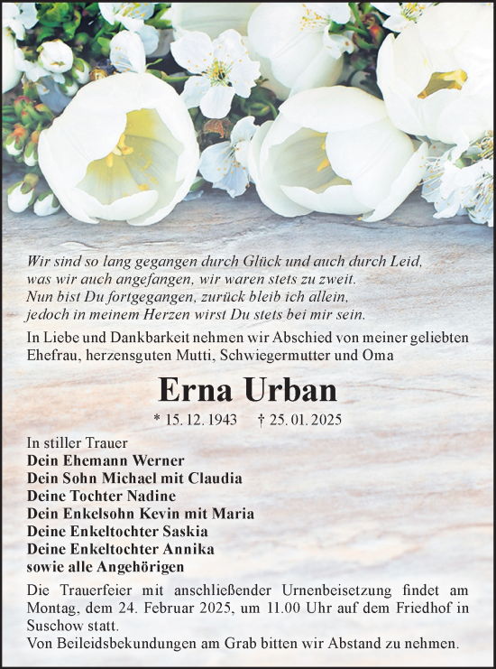 Traueranzeige von Erna Urban von Lausitzer Rundschau