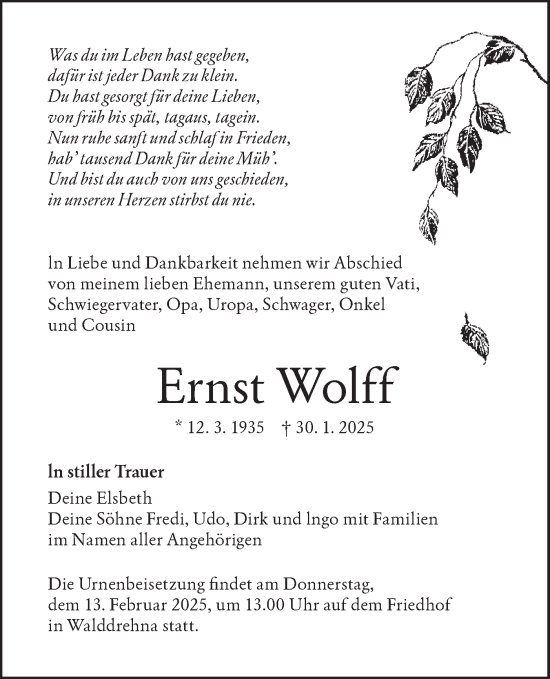 Traueranzeige von Ernst Wolff von Lausitzer Rundschau