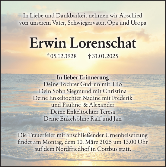 Traueranzeige von Erwin Lorenschat von Lausitzer Rundschau