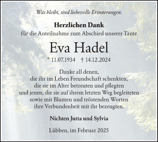 Traueranzeige von Eva Hadel von Lausitzer Rundschau