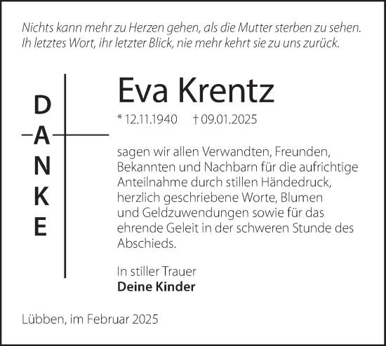 Traueranzeige von Eva Krentz von Lausitzer Rundschau