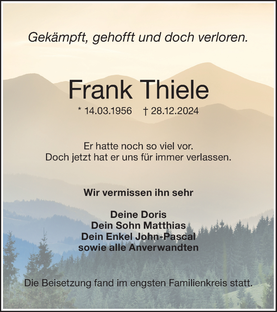  Traueranzeige für Frank Thiele vom 15.02.2025 aus Lausitzer Rundschau