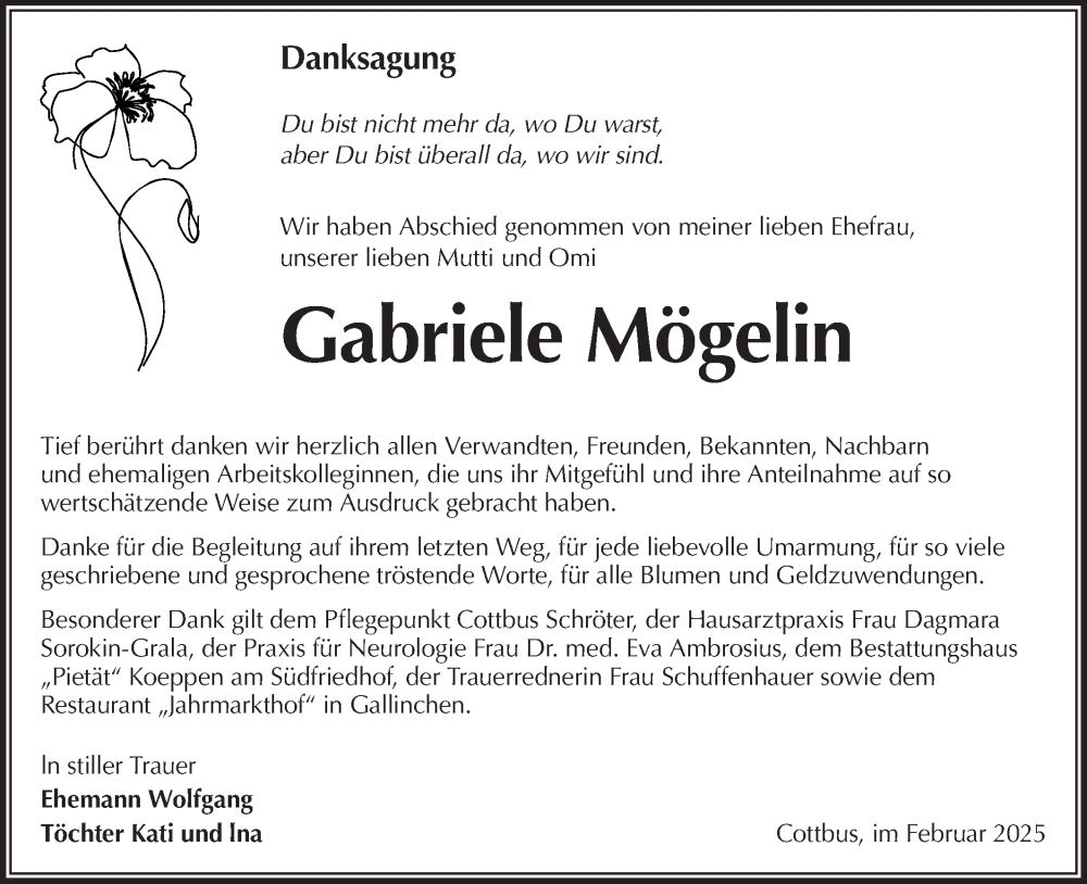  Traueranzeige für Gabriele Mögelin vom 08.02.2025 aus Lausitzer Rundschau