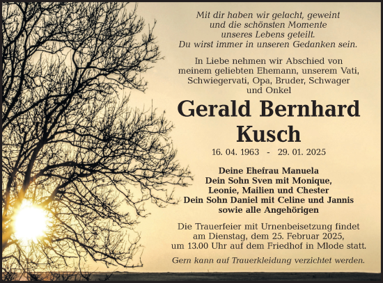 Traueranzeige von Gerald Bernhard Kusch von Lausitzer Rundschau