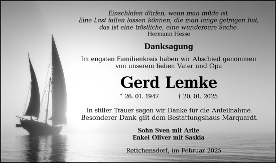 Traueranzeige von Gerd Lemke von Lausitzer Rundschau