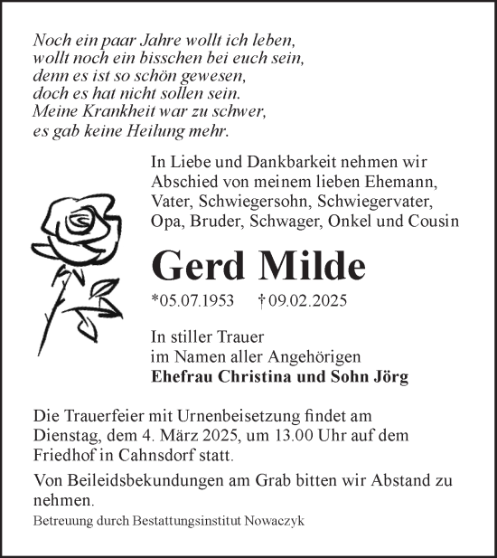 Traueranzeige von Gerd Milde von Lausitzer Rundschau