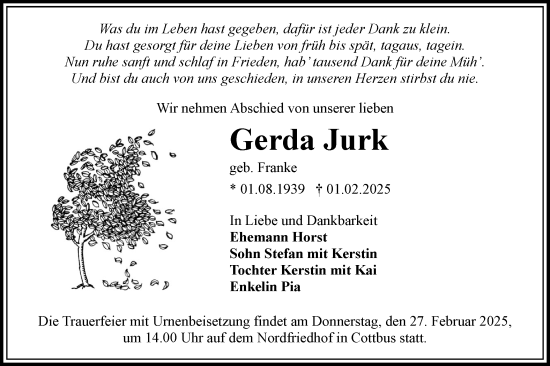 Traueranzeige von Gerda Jurk von Lausitzer Rundschau