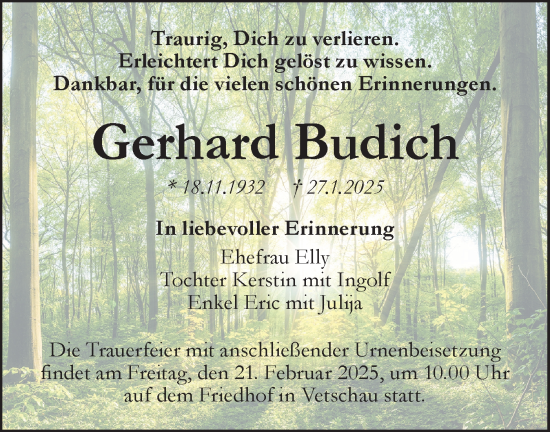 Traueranzeige von Gerhard Budich von Lausitzer Rundschau