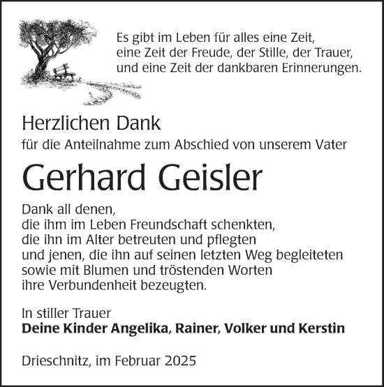 Traueranzeige von Gerhard Geisler von Lausitzer Rundschau