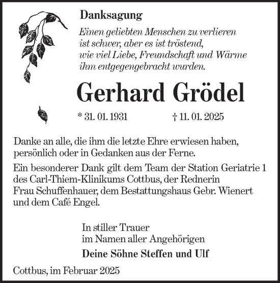 Traueranzeige von Gerhard Grödel von Lausitzer Rundschau