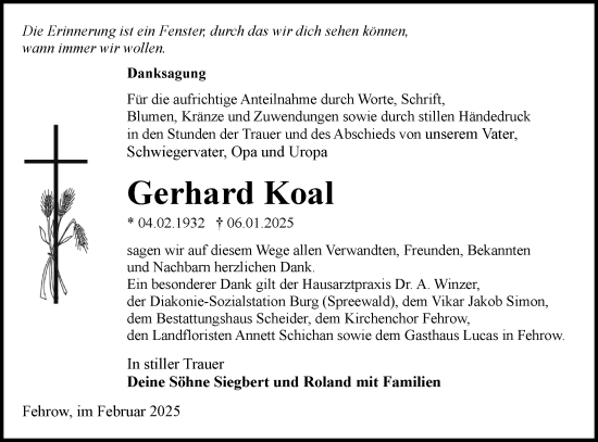 Traueranzeige von Gerhard Koal von Lausitzer Rundschau