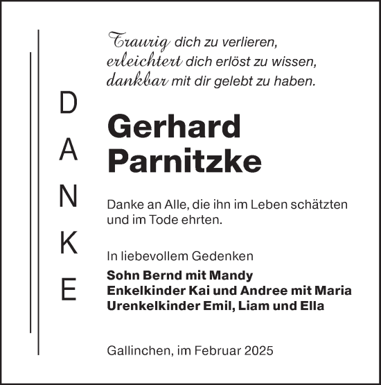 Traueranzeige von Gerhard Parnitzke von Lausitzer Rundschau