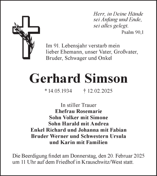 Traueranzeige von Gerhard Simson von Lausitzer Rundschau
