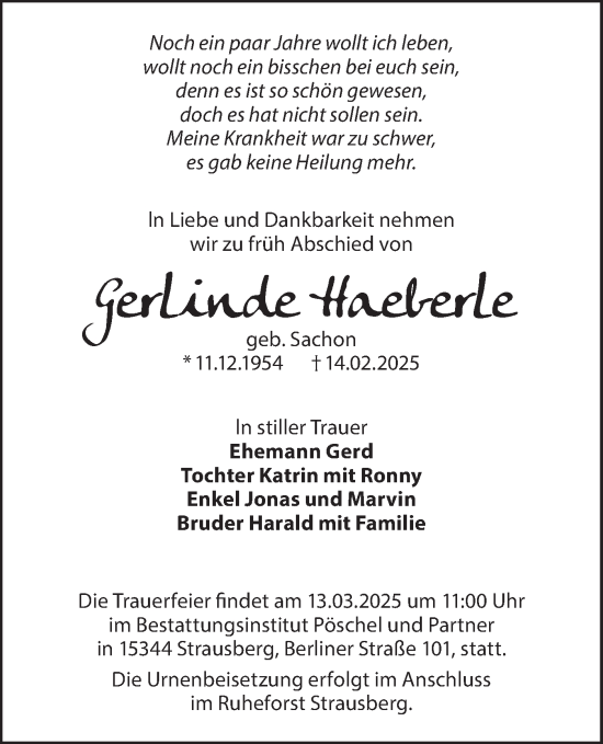 Traueranzeige von Gerlinde Haeberle von Lausitzer Rundschau