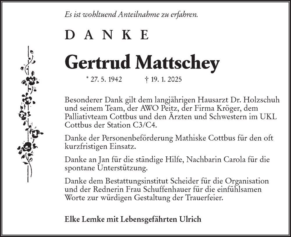  Traueranzeige für Gertrud Mattschey vom 15.02.2025 aus Lausitzer Rundschau