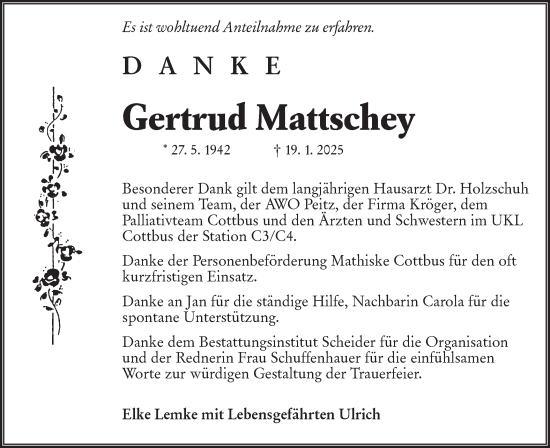 Traueranzeige von Gertrud Mattschey von Lausitzer Rundschau