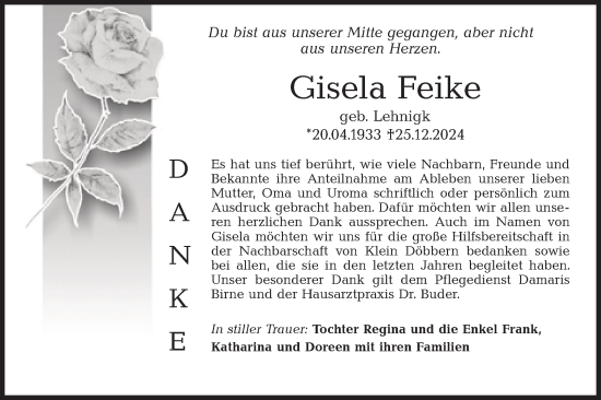 Traueranzeige von Gisela Feike von Lausitzer Rundschau