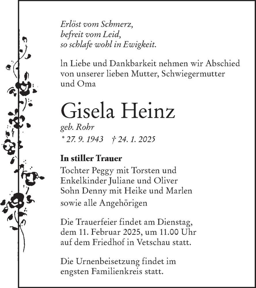  Traueranzeige für Gisela Heinz vom 01.02.2025 aus Lausitzer Rundschau