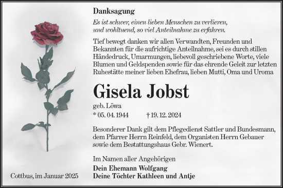 Traueranzeige von Gisela Jobst von Lausitzer Rundschau
