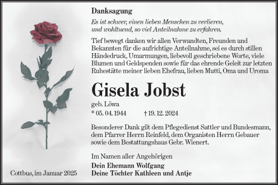 Traueranzeige von Gisela Jobst von Lausitzer Rundschau