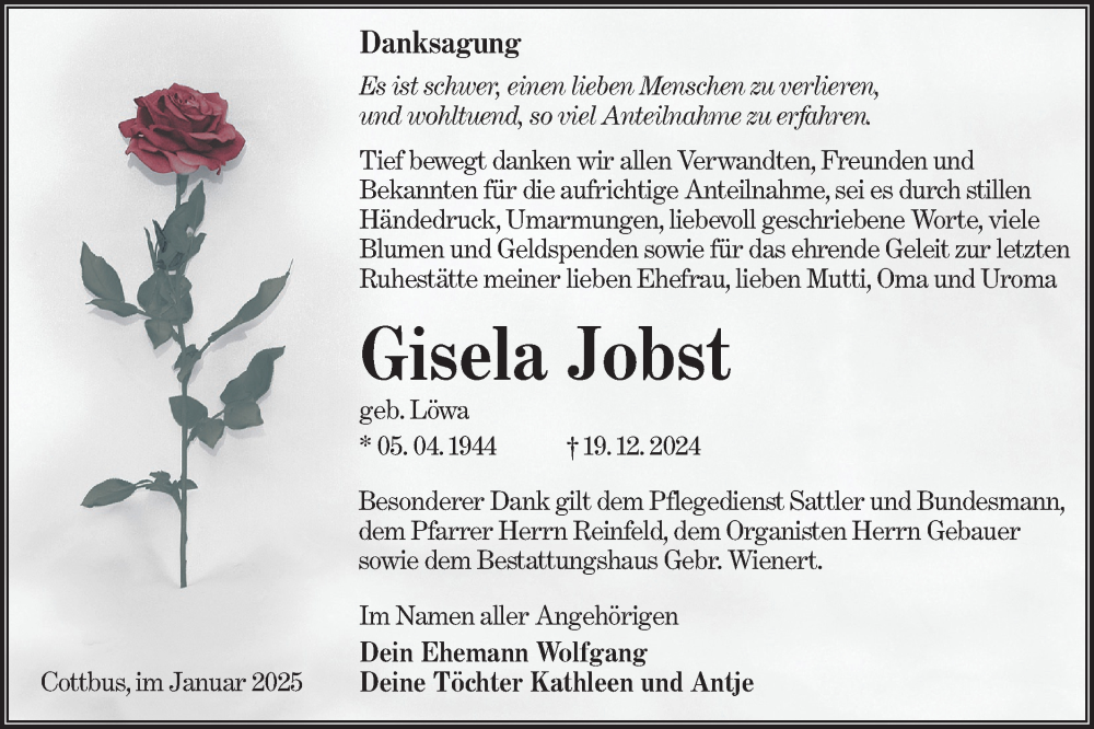  Traueranzeige für Gisela Jobst vom 01.02.2025 aus Lausitzer Rundschau