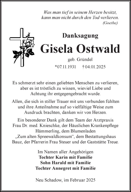 Traueranzeige von Gisela Ostwald von Lausitzer Rundschau