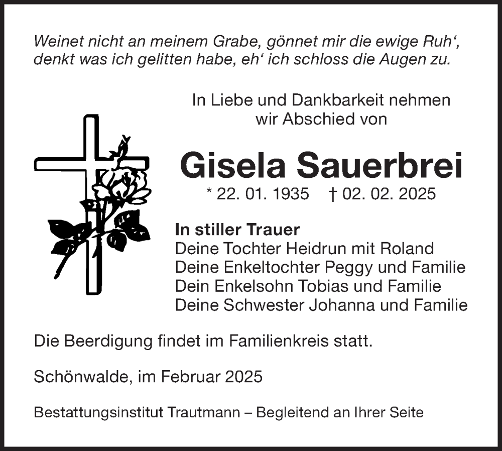 Traueranzeige für Gisela Sauerbrei vom 08.02.2025 aus Lausitzer Rundschau