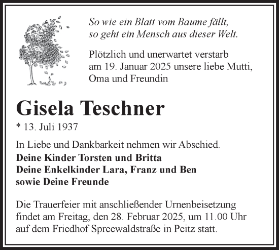 Traueranzeige von Gisela Teschner von Lausitzer Rundschau