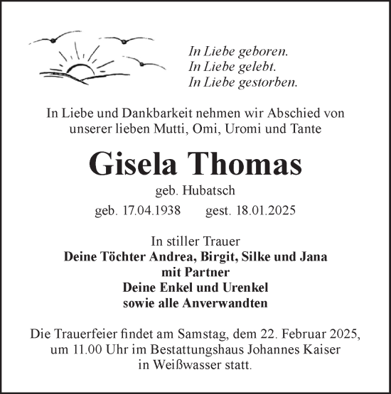 Traueranzeige von Gisela Thomas von Lausitzer Rundschau