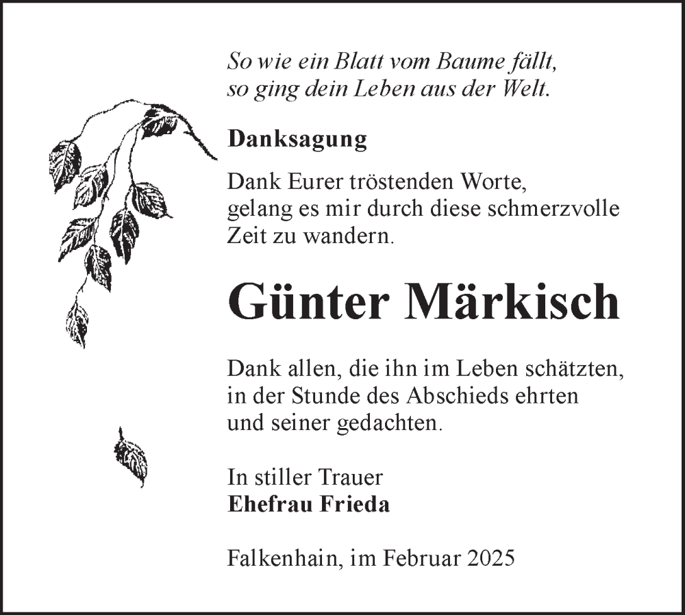  Traueranzeige für Günter Märkisch vom 15.02.2025 aus Lausitzer Rundschau