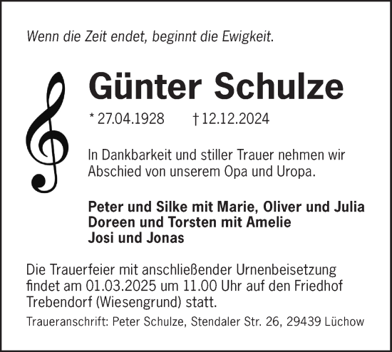 Traueranzeige von Günter Schulze von Lausitzer Rundschau