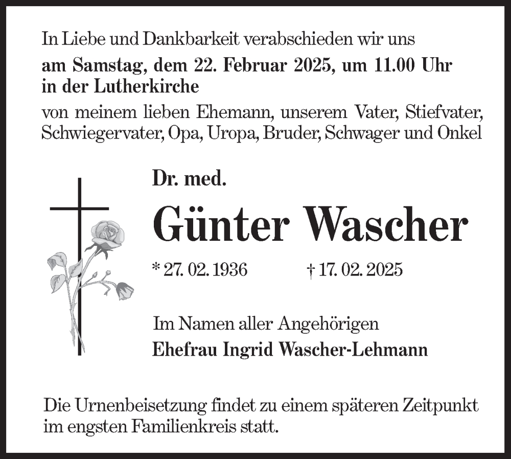  Traueranzeige für Günter Wascher vom 19.02.2025 aus Lausitzer Rundschau