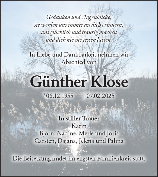 Traueranzeige von Günther Klose von Lausitzer Rundschau