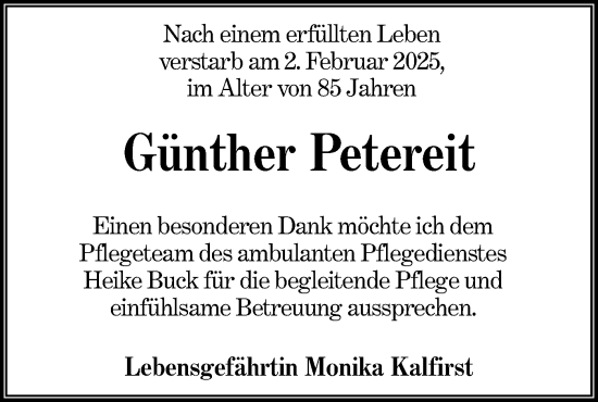 Traueranzeige von Günther Petereit von Lausitzer Rundschau
