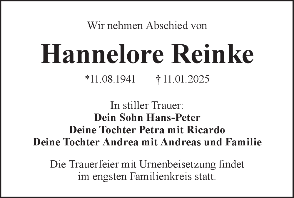  Traueranzeige für Hannelore Reinke vom 08.02.2025 aus Lausitzer Rundschau