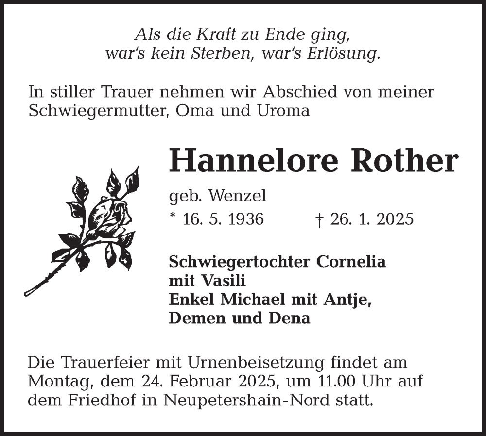  Traueranzeige für Hannelore Rother vom 08.02.2025 aus Lausitzer Rundschau