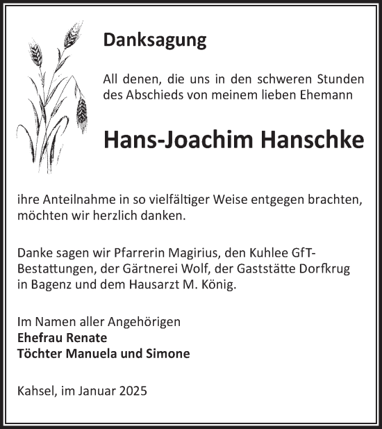 Traueranzeige von Hans-Joachim Hanschke von Lausitzer Rundschau