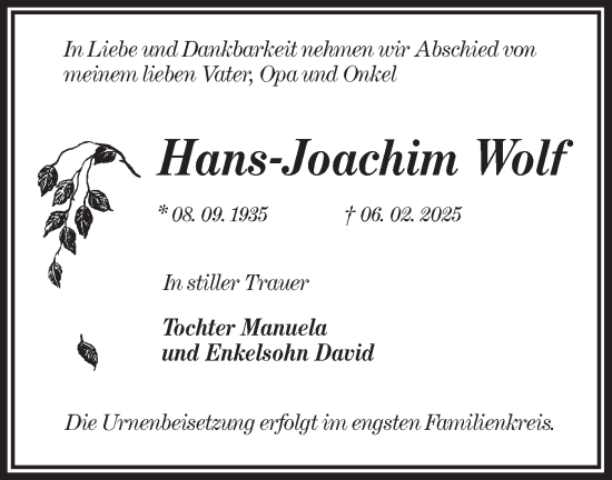 Traueranzeige von Hans-Joachim Wolf von Lausitzer Rundschau