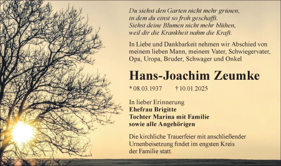 Traueranzeige von Hans-Joachim Zeumke von Lausitzer Rundschau