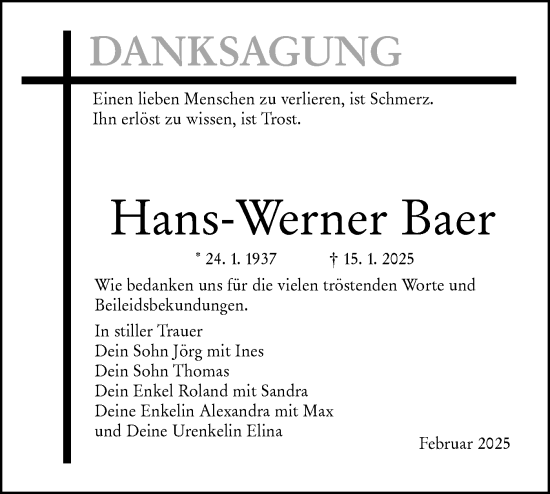 Traueranzeige von Hans-Werner Baer von Lausitzer Rundschau