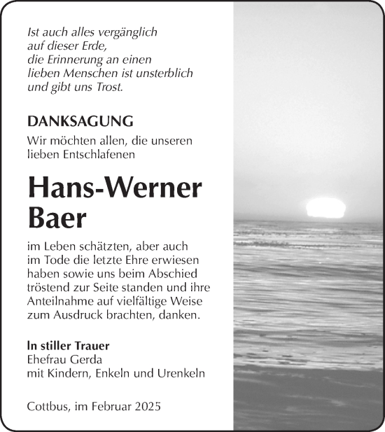 Traueranzeige von Hans-Werner Baer von Lausitzer Rundschau