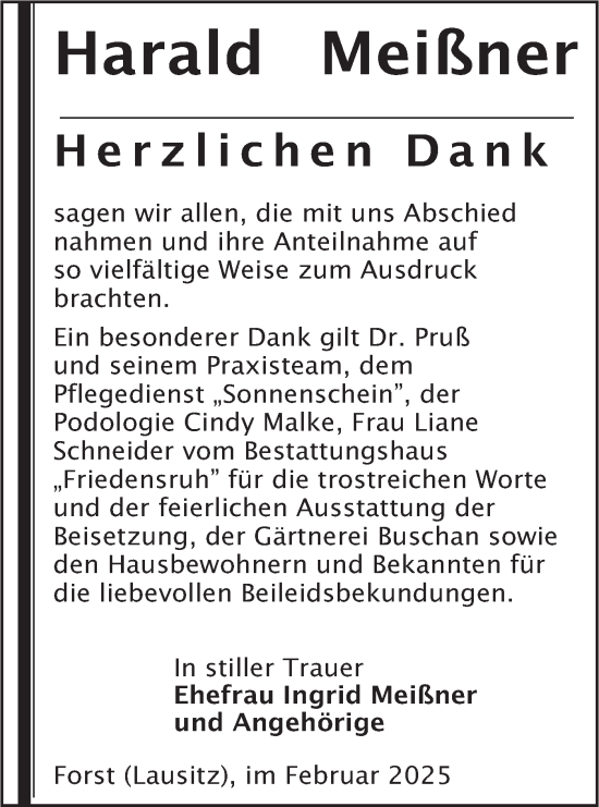 Traueranzeige von Harald Meißner von Lausitzer Rundschau