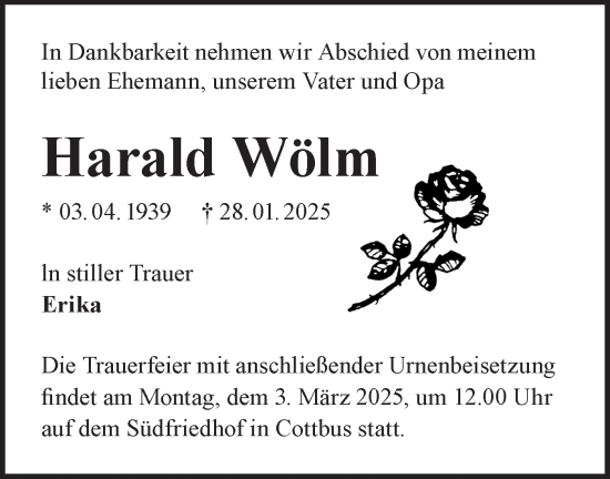 Traueranzeige von Harald Wölm von Lausitzer Rundschau