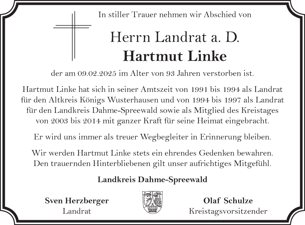  Traueranzeige für Hartmut Linke vom 22.02.2025 aus Lausitzer Rundschau