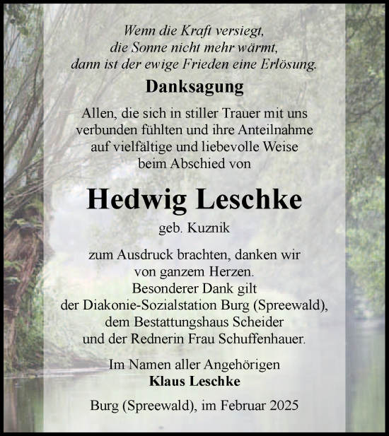 Traueranzeige von Hedwig Leschke von Lausitzer Rundschau