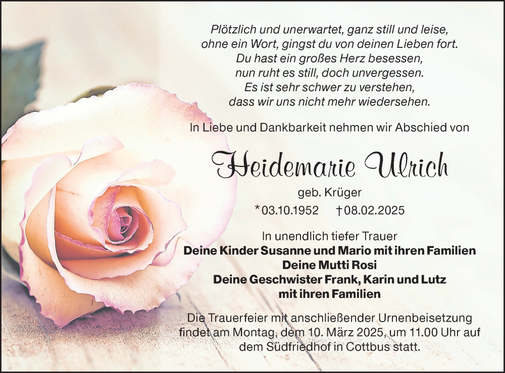  Traueranzeige für Heidemarie Ulrich vom 22.02.2025 aus Lausitzer Rundschau