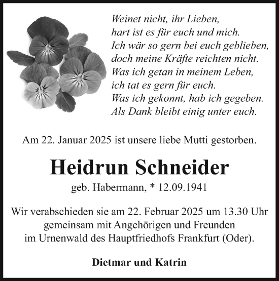 Traueranzeige von Heidrun Schneider von Lausitzer Rundschau