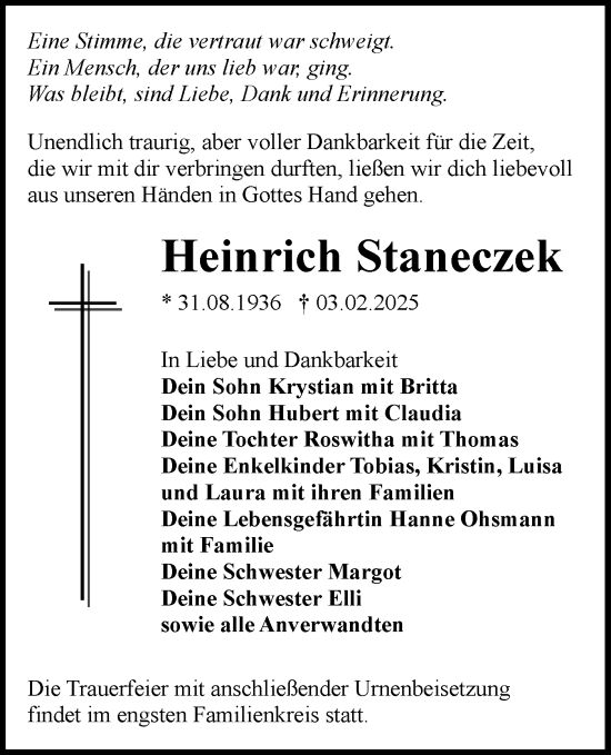 Traueranzeige von Heinrich Staneczek von Lausitzer Rundschau